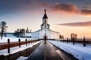 en kyrka i de snö med en väg ledande till Det. ai-genererad foto