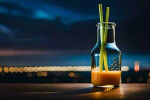 en glas flaska med orange juice och strån på en tabell. ai-genererad foto
