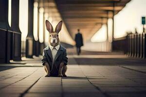 en kanin bär en kostym och slips Sammanträde på en bro. ai-genererad foto
