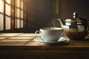 en kopp av kaffe och en tekanna på en trä- tabell. ai-genererad foto