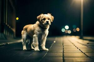 en hund stående på en gata på natt. ai-genererad foto