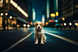 en hund Sammanträde på de gata på natt. ai-genererad foto