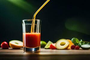en glas av juice med en sugrör och frukt. ai-genererad foto