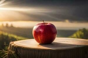ett äpple sitter på topp av en stubbe i främre av en solnedgång. ai-genererad foto