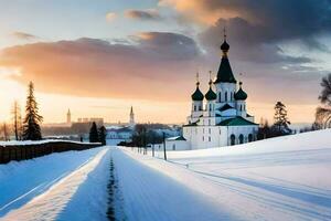 en snöig väg leder till en kyrka i de distans. ai-genererad foto