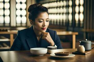 asiatisk kvinna i företag kostym Sammanträde på tabell med kopp av kaffe. ai-genererad foto