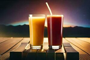 två glasögon av juice på en trä- tabell. ai-genererad foto