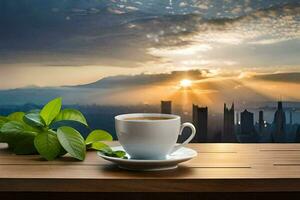 en kopp av kaffe och en se av de stad. ai-genererad foto