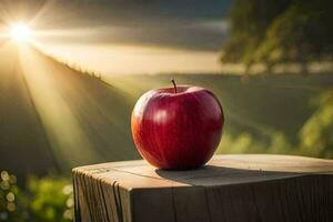 ett äpple sitter på topp av en trä- tabell i främre av de Sol. ai-genererad foto