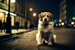 en hund Sammanträde på de gata på natt. ai-genererad foto