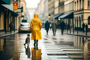 en kvinna i en gul regnkappa gående henne hund i de regn. ai-genererad foto