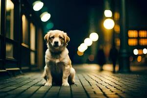 en hund Sammanträde på de trottoar på natt. ai-genererad foto