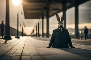 en kanin i en kostym sitter på de jord. ai-genererad foto