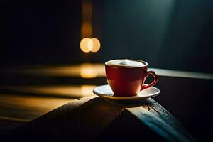 en röd kopp av kaffe sitter på en trä- tabell. ai-genererad foto
