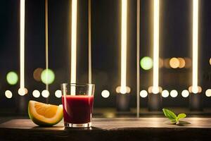 en glas av juice och en skiva av frukt på en tabell. ai-genererad foto