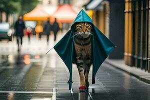 en katt gående i de regn med en blå paraply. ai-genererad foto