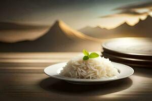 ris i en tallrik på en tabell. ai-genererad foto