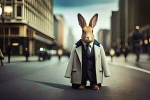 en kanin klädd i en kostym och slips. ai-genererad foto