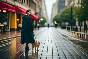 en kvinna i en täcka och hatt gående henne hund på en regnig gata. ai-genererad foto