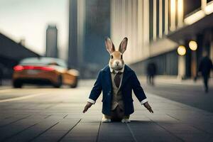 en kanin klädd i en kostym och slips stående på de gata. ai-genererad foto