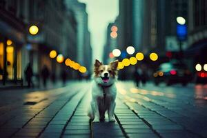 en hund stående på en gata i de stad. ai-genererad foto