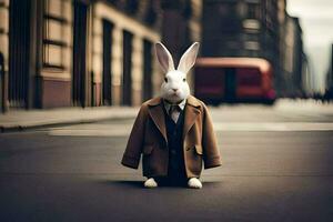 en kanin bär en kostym och slips stående på de gata. ai-genererad foto