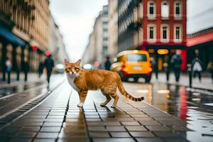 ett orange katt gående på en våt gata. ai-genererad foto