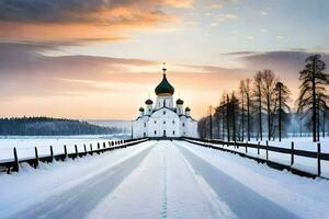 en snöig väg leder till en kyrka i de mitten av en fält. ai-genererad foto