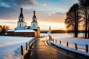 en väg ledande till en kyrka i de snö. ai-genererad foto
