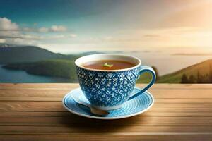 en kopp av te på en trä- tabell med en se av de hav och berg. ai-genererad foto