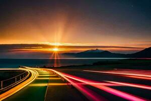 en lång exponering fotografera av en väg med ljus stigar. ai-genererad foto