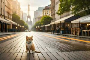 en katt Sammanträde på de jord i främre av de eiffel torn. ai-genererad foto