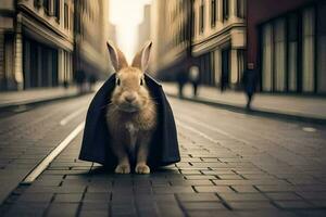 en kanin bär en svart täcka på de gata. ai-genererad foto