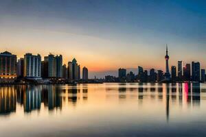 de stad horisont på solnedgång i Shanghai, Kina. ai-genererad foto