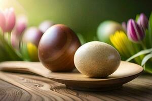två ägg på en trä- sked med tulpaner i de bakgrund. ai-genererad foto