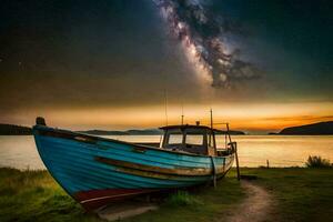 en båt sitter på de Strand under en starry himmel. ai-genererad foto
