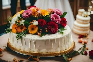 en bröllop kaka med färgrik blommor på topp. ai-genererad foto