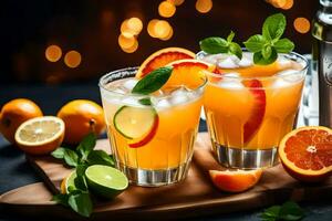 två glasögon av orange juice med kalk och mynta. ai-genererad foto