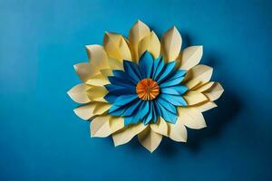 en papper blomma tillverkad från blå och gul papper. ai-genererad foto