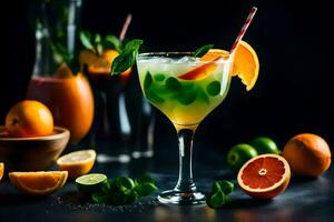 cocktail med orange, kalk och mynta på en mörk bakgrund. ai-genererad foto