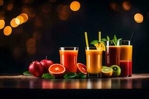 juice och frukt på en tabell med bokeh lampor. ai-genererad foto