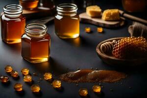 honung och vaxkaka på en mörk bakgrund. ai-genererad foto