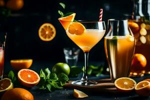 orange juice cocktail med garnering på en mörk bakgrund. ai-genererad foto