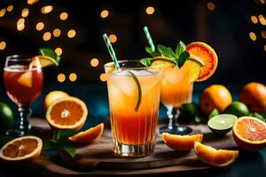 orange juice cocktail med kalk och mynta på en trä- styrelse. ai-genererad foto