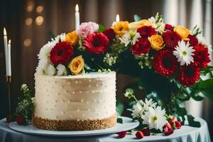 en vit kaka med blommor och ljus på en tabell. ai-genererad foto