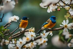 två fåglar Sammanträde på en gren med blommor. ai-genererad foto