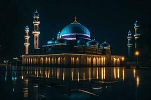 de moské på natt med dess blå kupoler reflekterad i de vatten. ai-genererad foto
