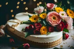 en hjärta formad kaka med blommor på topp. ai-genererad foto