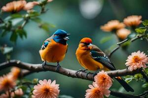 två färgrik fåglar Sammanträde på en gren med blommor. ai-genererad foto