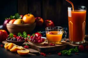 färsk frukt juice i en glas och en trä- skål. ai-genererad foto